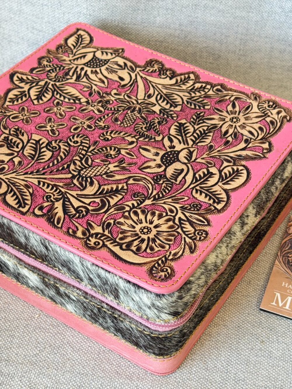 Myra Bag Hair-On Hide Pink Tooled Leather Western Southwestern Jewelry Box